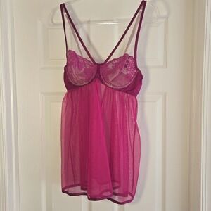 Cacique Lace Embroidered  Fuchsia Chiffon‎ Chemise Nightie Size 14/16 Lingerie